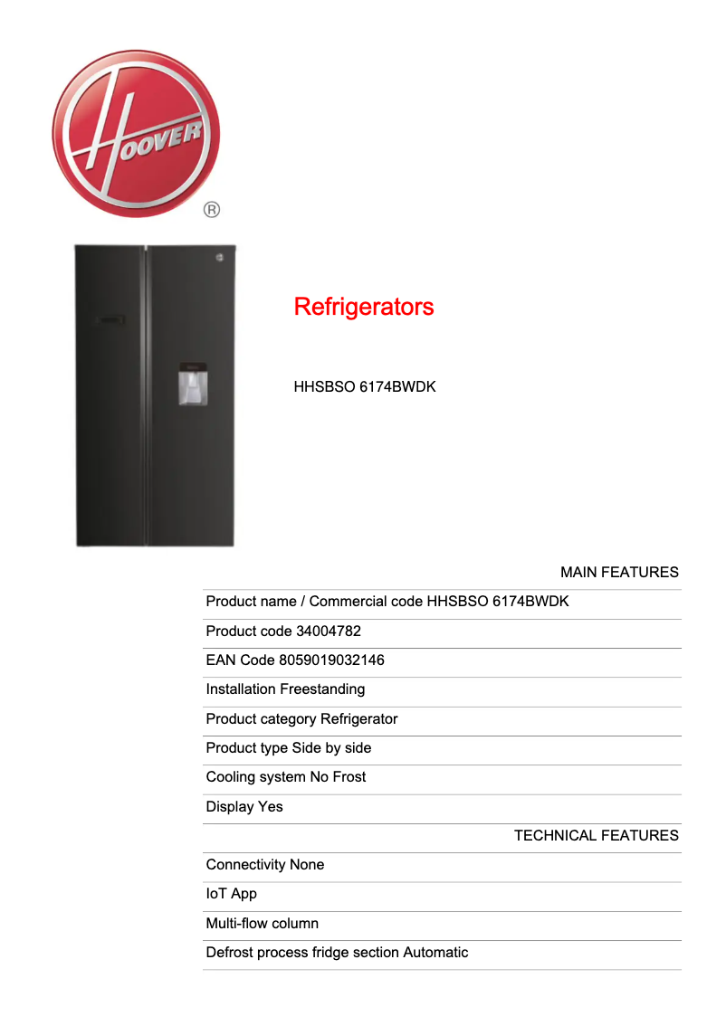 Page n°1 - Fiche technique Hoover HHSBSO6174BWDK