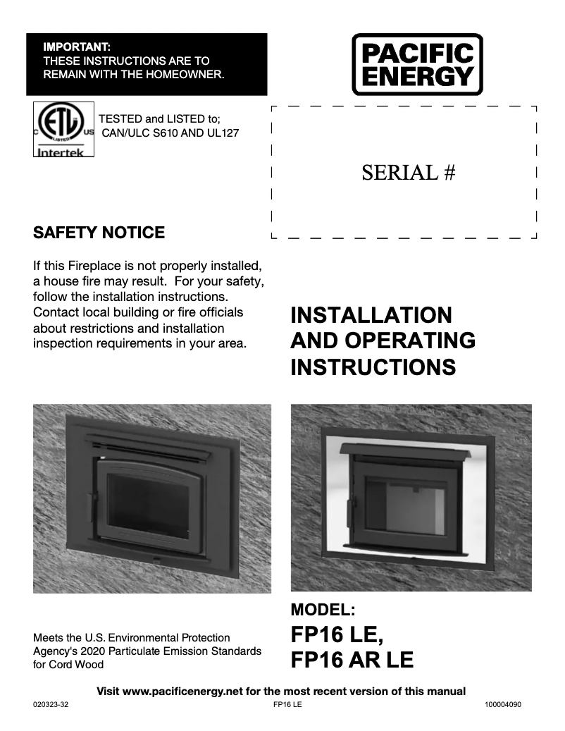 Page 1 de la notice Manuel utilisateur Pacific Energy FP16 LE