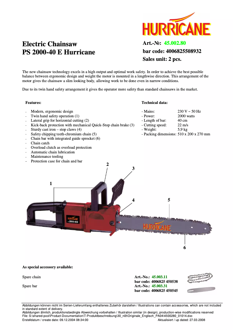 Page n°1 - Fiche technique Hurricane PS 2000-40 E