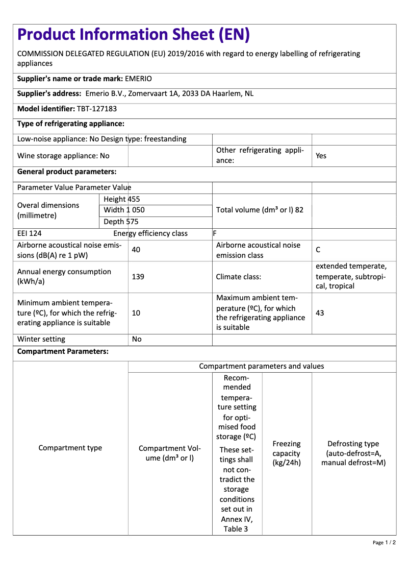 Page n°1 - Fiche technique Emerio TBT-127183