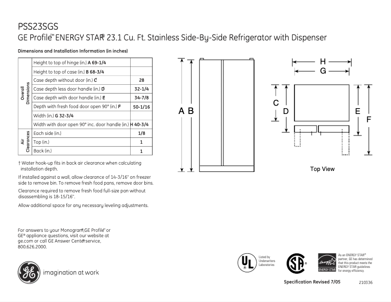 Página 1 del manual Ficha técnica GE Profile PSS23SGSSS
