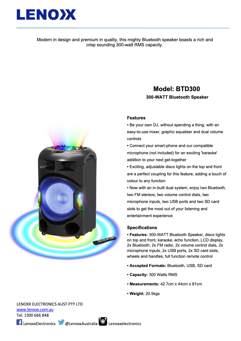 Page 1 de la notice Fiche technique Lenoxx BTD300