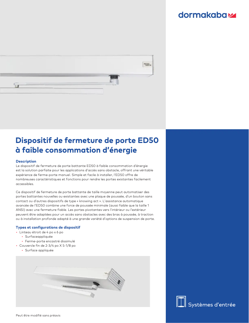 Page 1 de la notice Fiche technique Dormakaba ED50