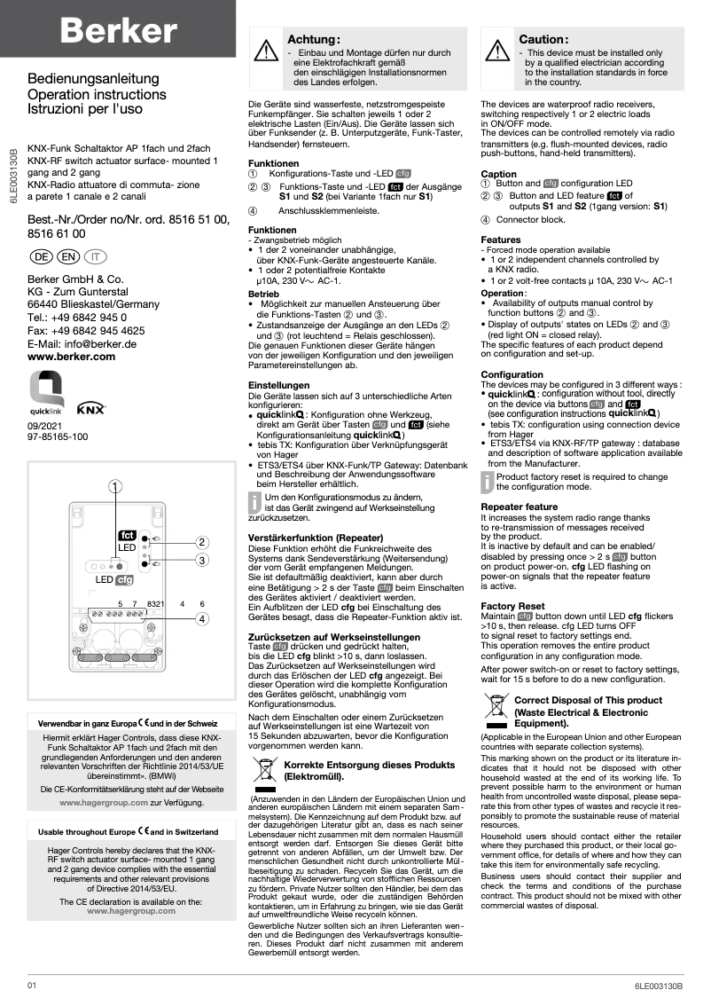 Page 1 de la notice Manuel utilisateur Berker 85166100