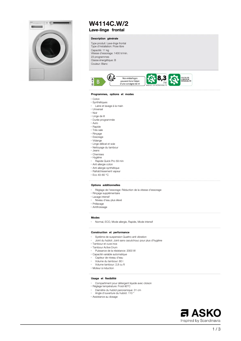 Page 1 de la notice Fiche technique Asko W4114C.W