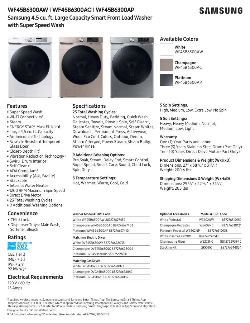 Page 1 de la notice Fiche technique Samsung WF45B6300AP