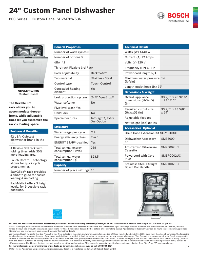 Page n°1 - Fiche technique Bosch SHVM78W53N