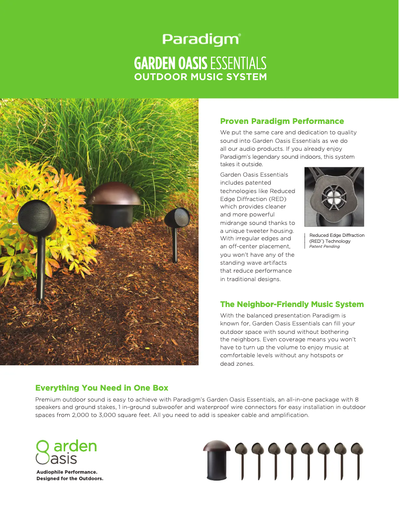 Page 1 de la notice Fiche technique Paradigm Garden Oasis Essentials