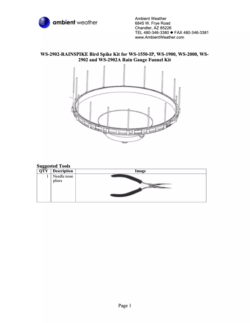 Page 1 de la notice Manuel utilisateur Ambient Weather WS-2902-RAINSPIKE