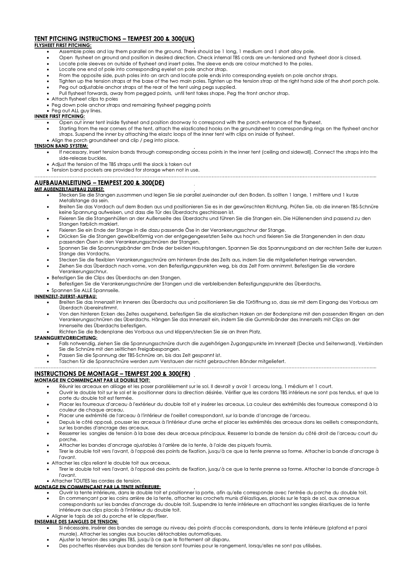 Page 1 de la notice Manuel utilisateur Vango Tempest 300