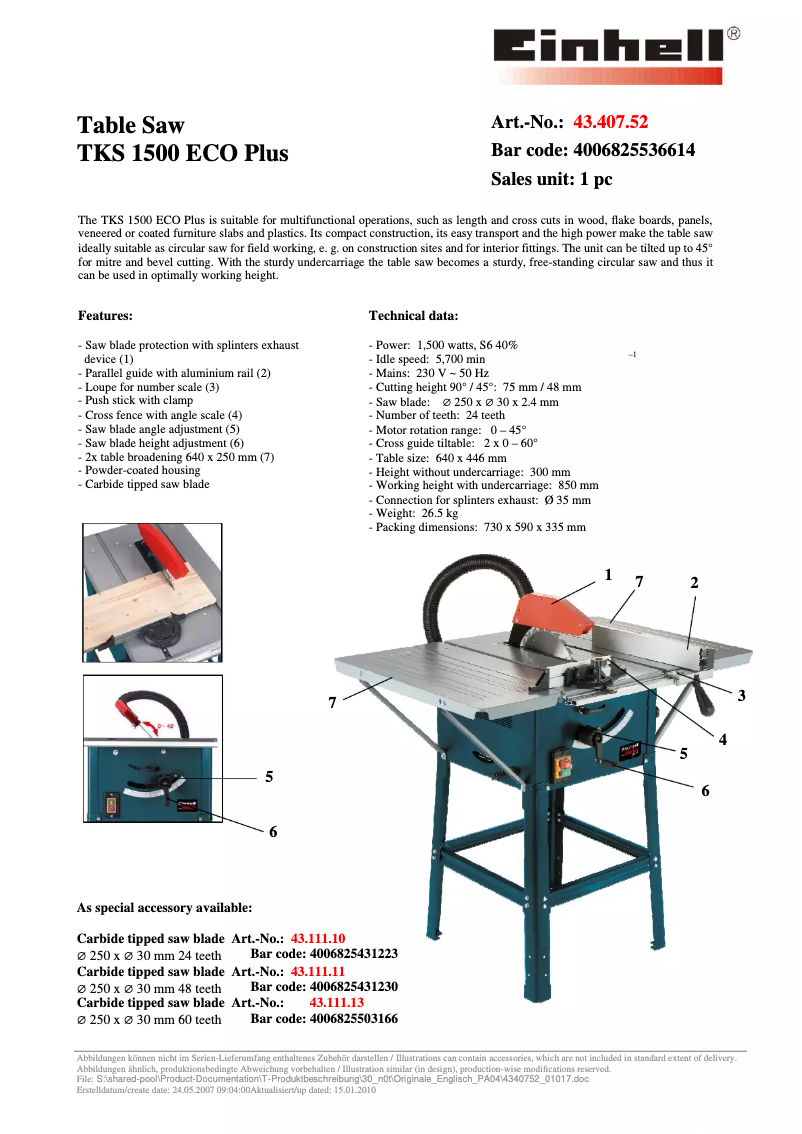 Page n°1 - Manuel utilisateur Einhell TKS 1500 ECO Plus