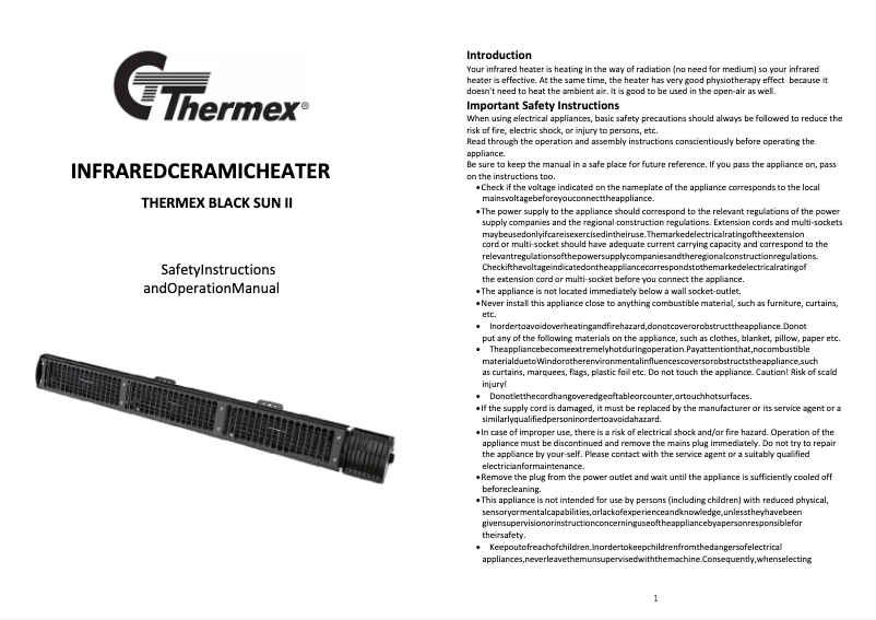 Page 1 de la notice Manuel utilisateur Thermex Black Sun II