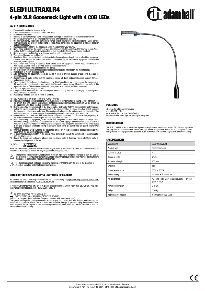 Page n°1 - Manuel utilisateur Adam Hall SLED1ULTRAXLR4