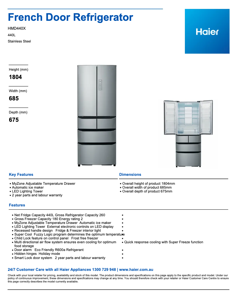 Page 1 de la notice Fiche technique Haier HMD440X
