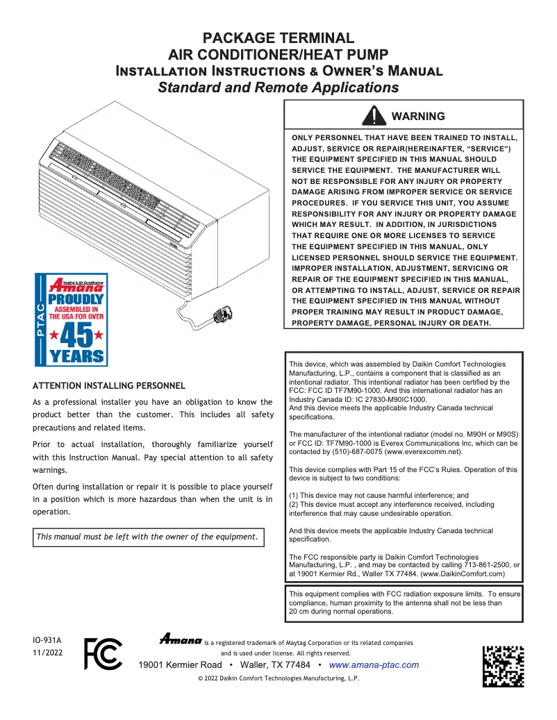 Page 1 de la notice Guide d'installation Amana PTH073J25AXXX