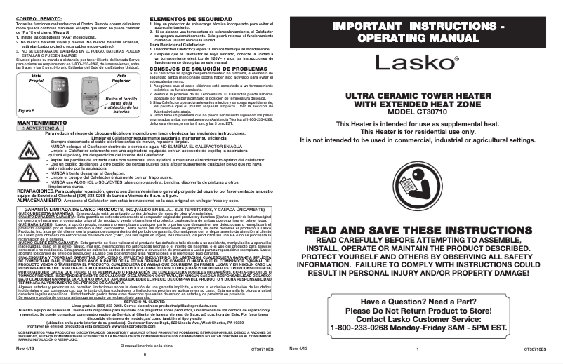 Page 1 de la notice Manuel utilisateur Lasko Ultra Ceramic CT30710