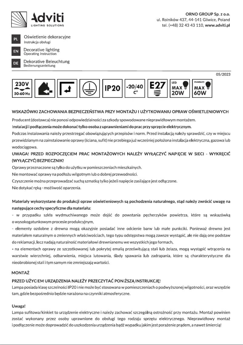 Page 1 de la notice Manuel utilisateur Adviti AD-LD-6378BE27D