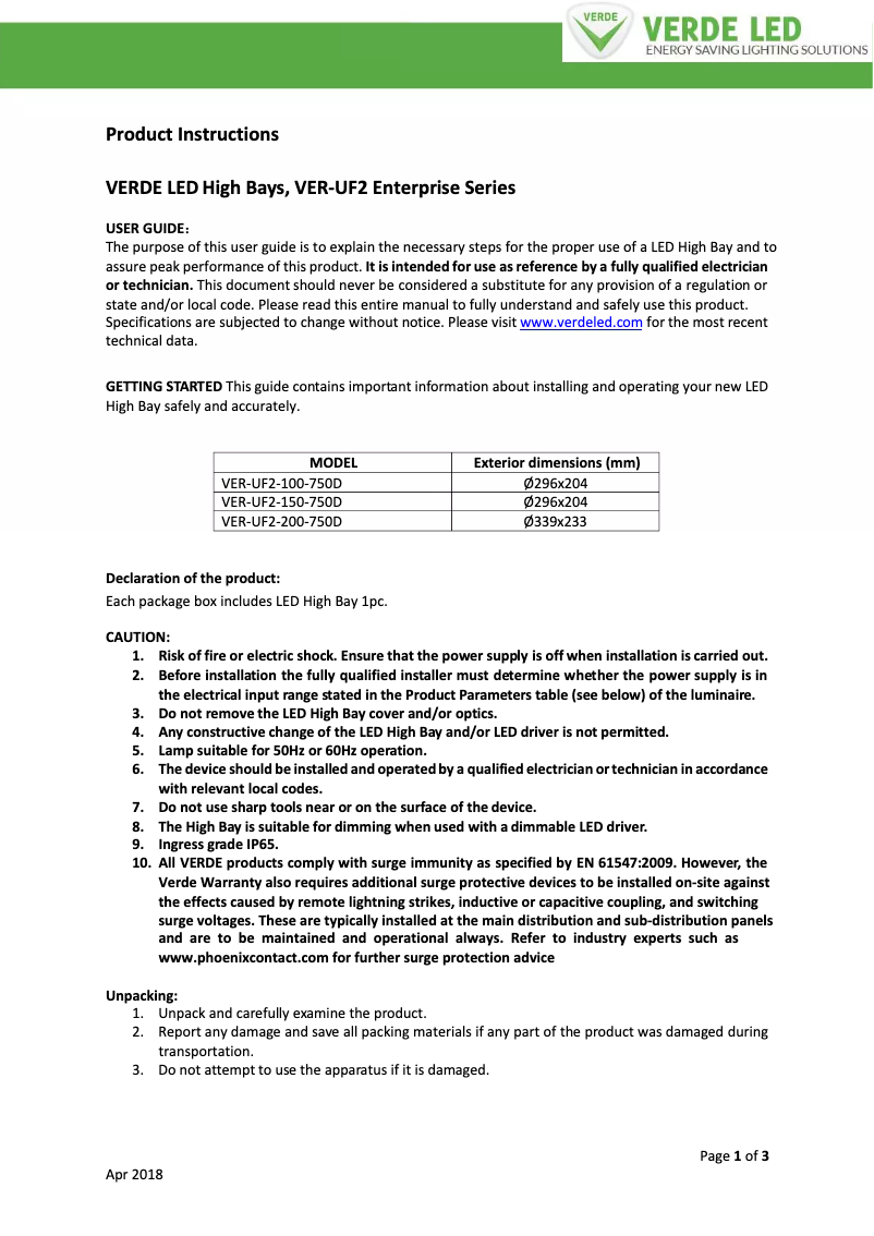 Image de la première page du manuel de l'appareil VER-UF2-150-750D