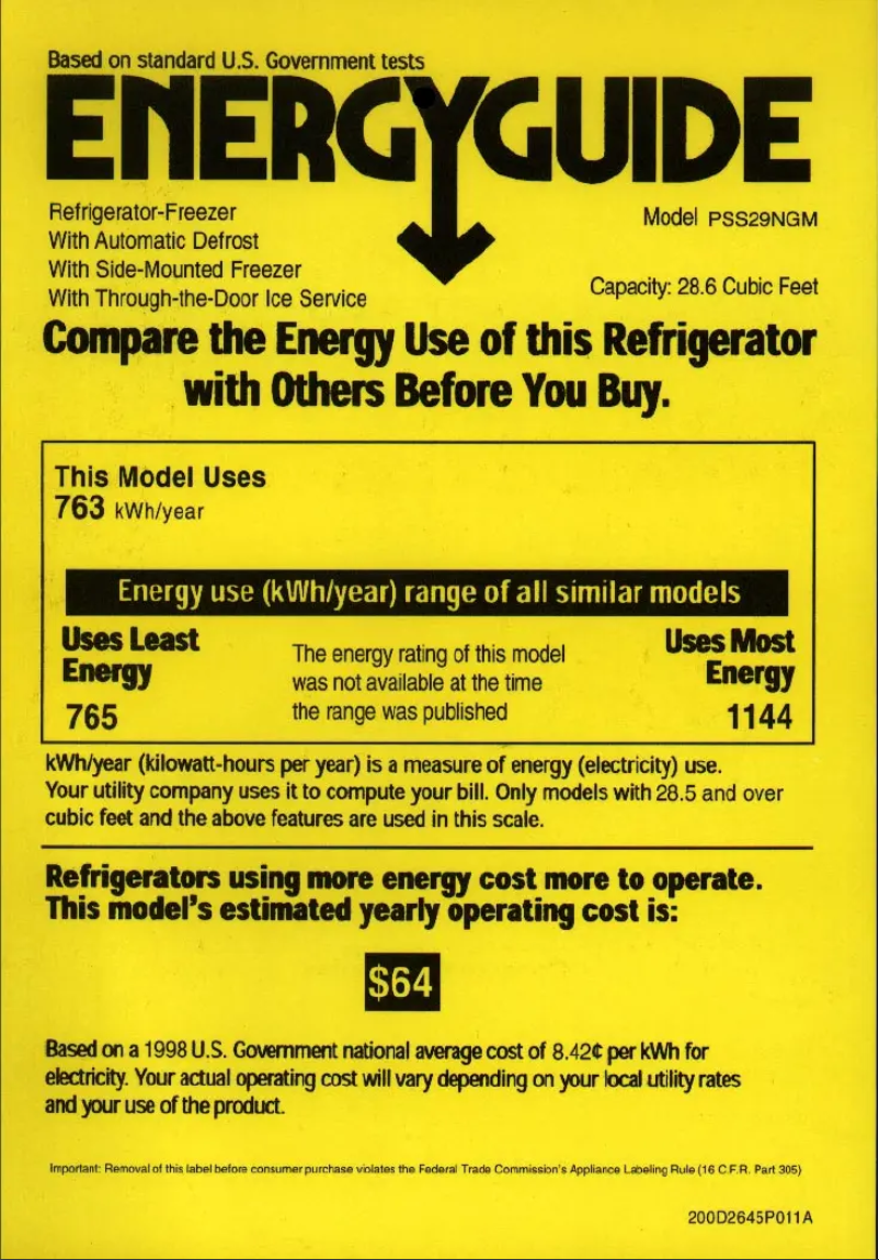 Page 1 de la notice Label énergétique GE Profile Arctica PSS29NGMBB
