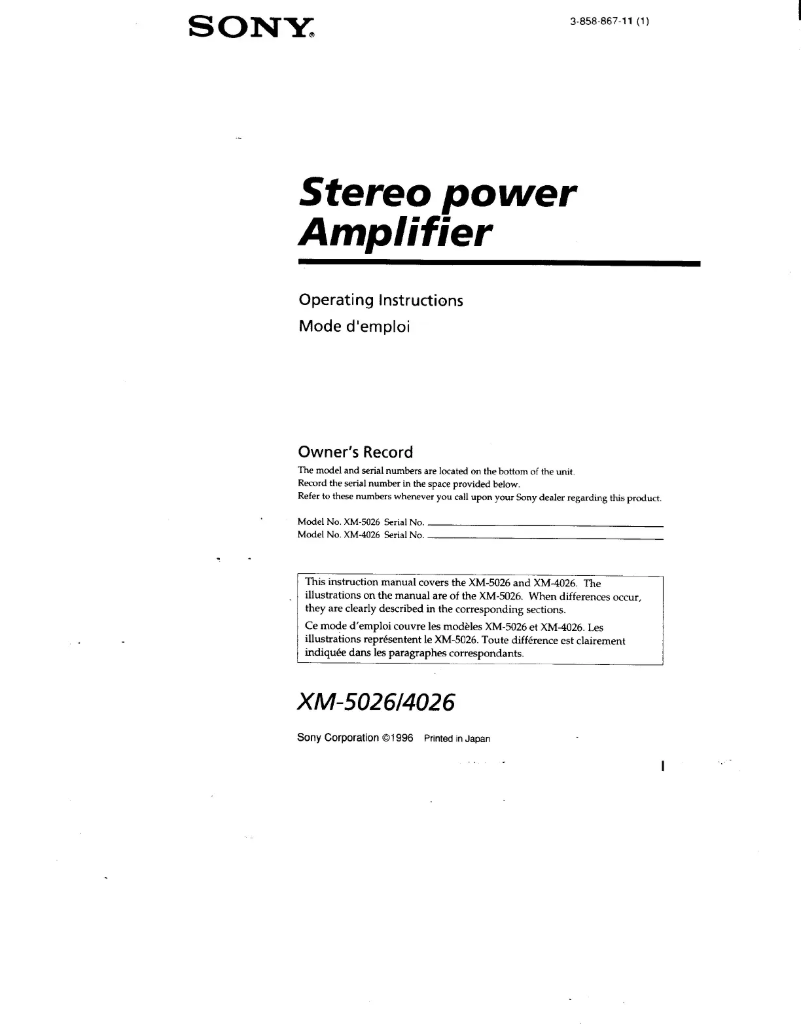 Page n°1 - Manuel utilisateur Sony XM-3026