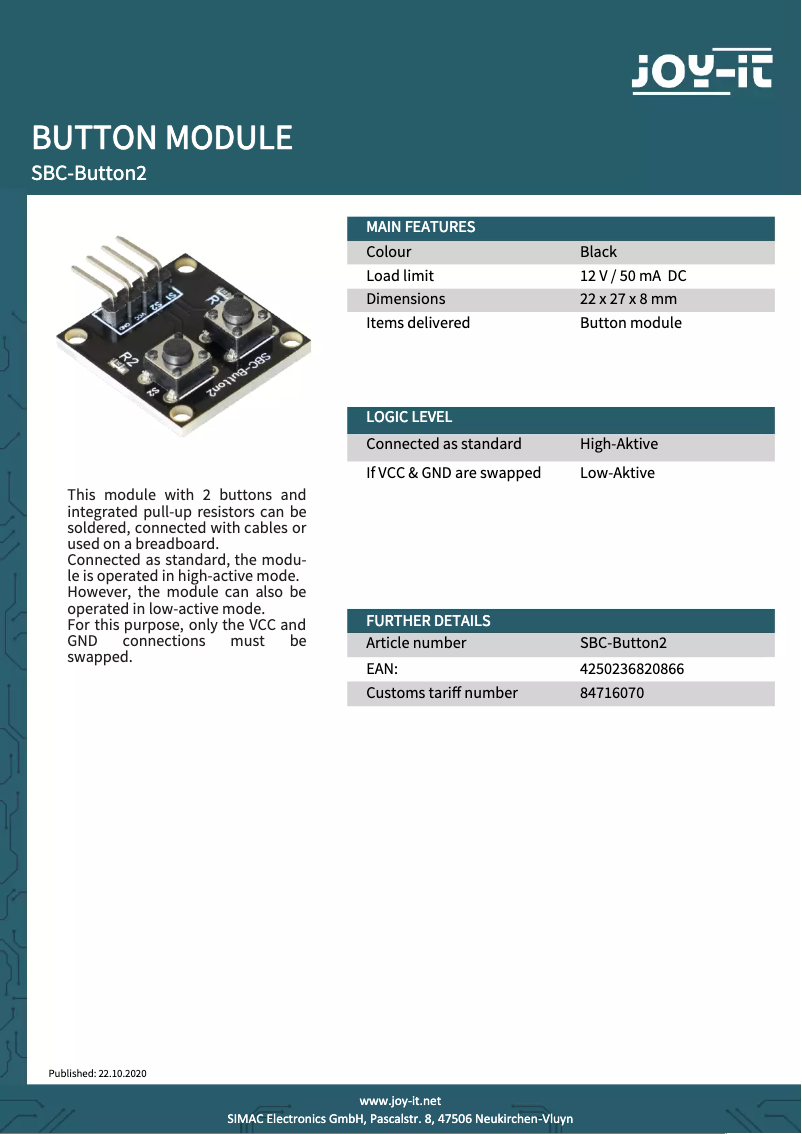 Page n°1 - Fiche technique Joy-It SBC-Button2