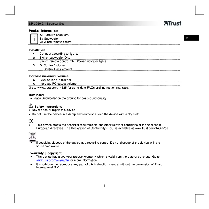 Page 1 de la notice Manuel utilisateur Trust SP-3050