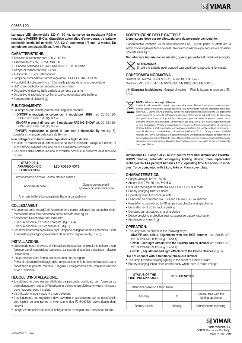 Page 1 de la notice Manuel utilisateur Vimar 02663.120