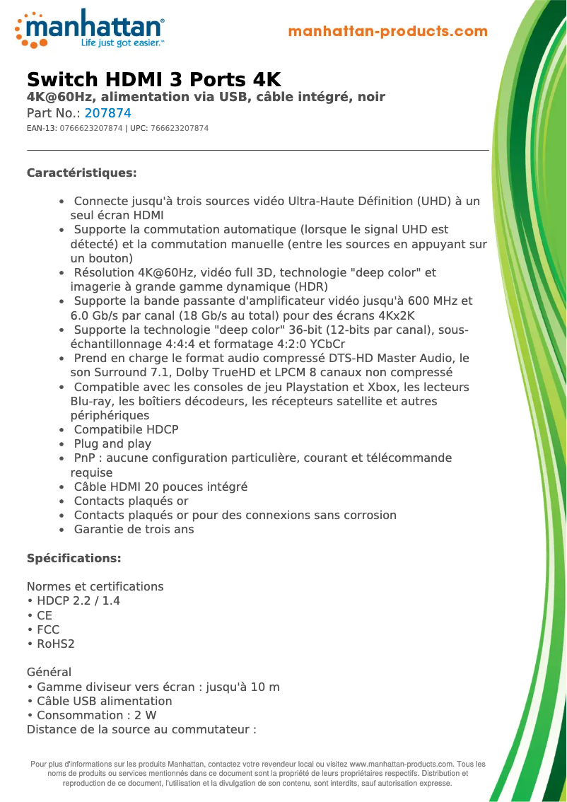 Page 1 de la notice Fiche technique Manhattan 207874