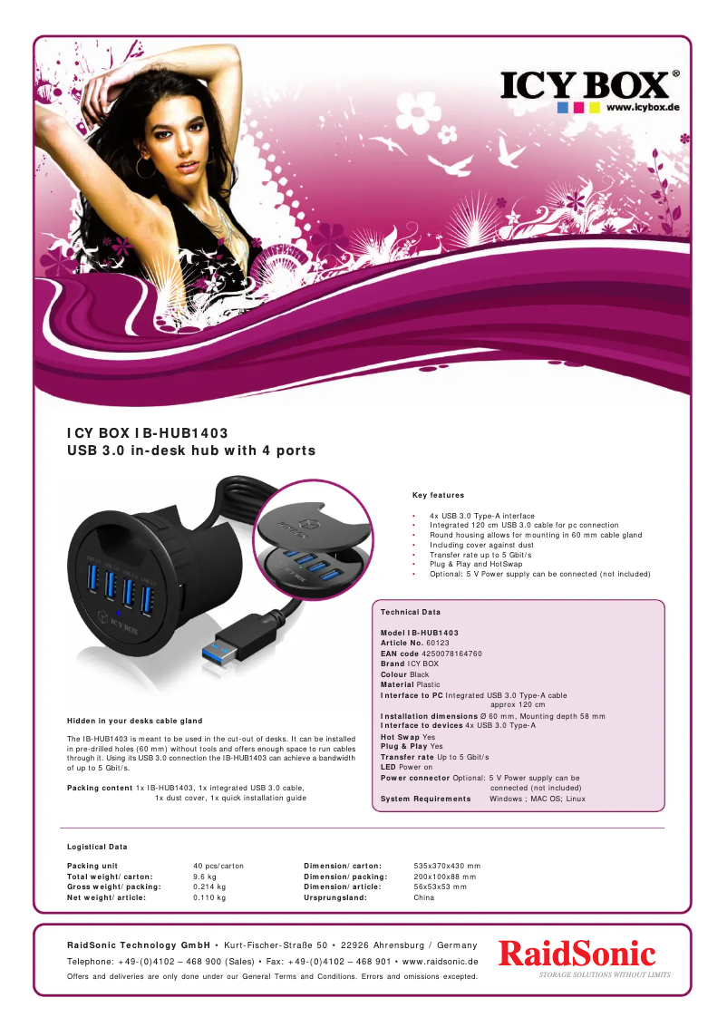 Página 1 del manual Ficha técnica Icy Box IB-HUB1403