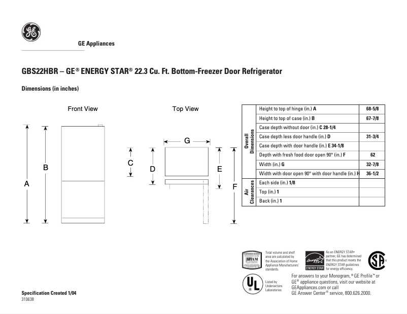Página 1 del manual Ficha técnica GE GBS22HBRWW
