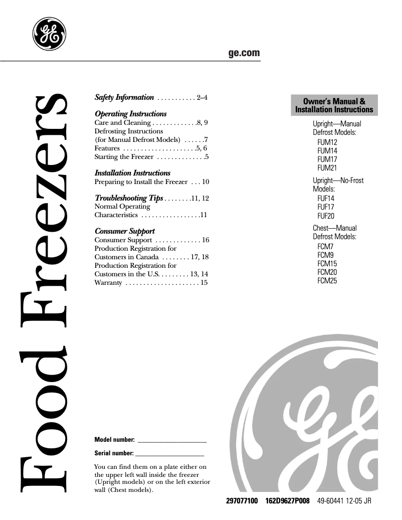 Page 1 de la notice Manuel d'utilisation et d'entretien GE FUM5SNWW