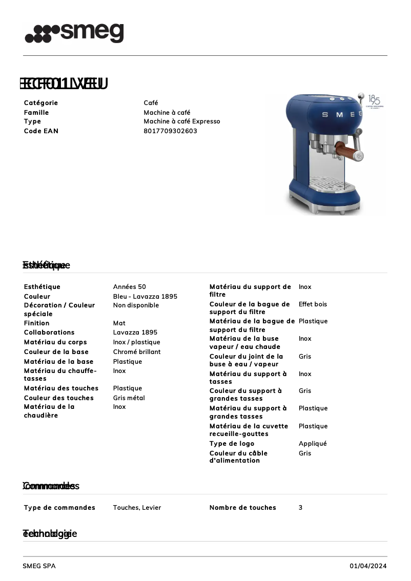 Page n°1 - Fiche technique Smeg ECF01