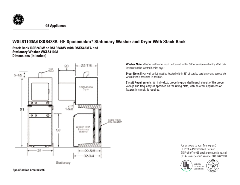 Page n°1 - Fiche technique GE WSLS1100AAA