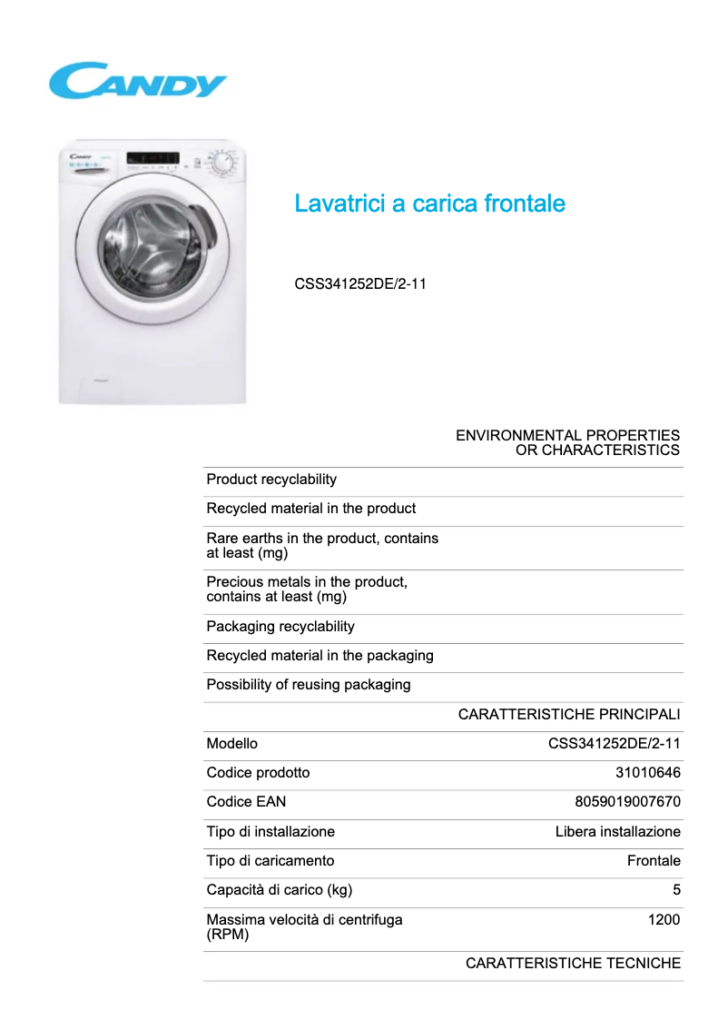 Page 1 de la notice Fiche technique Candy CSS341252DE/2-11