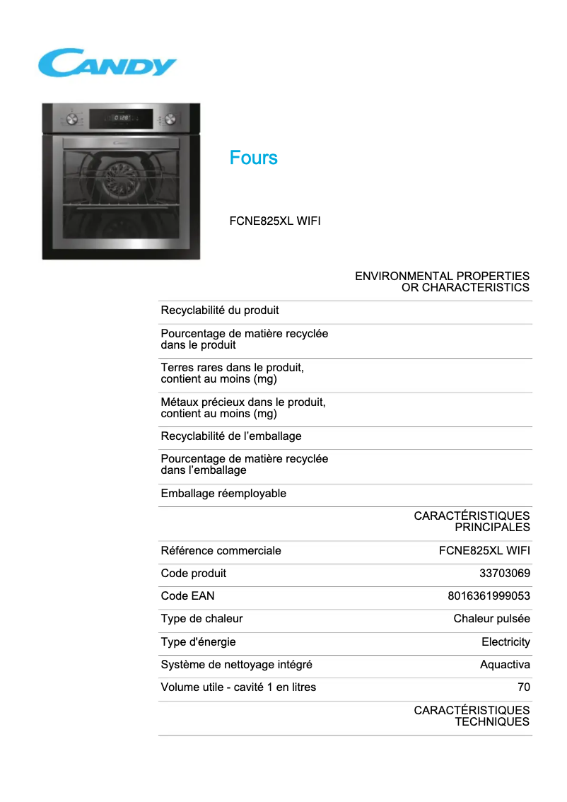 Page 1 de la notice Fiche technique Candy FCNE825XL WIFI