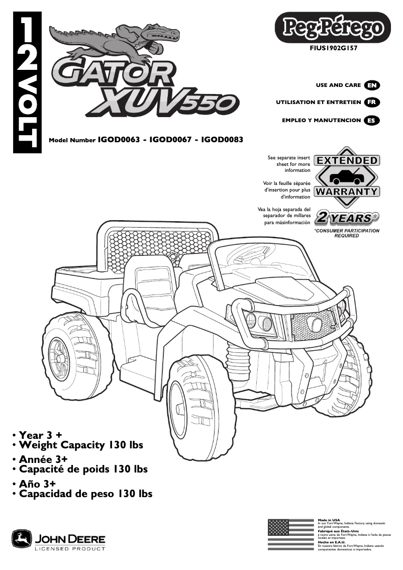Page 1 de la notice Manuel utilisateur Peg Perego John Deere Gator XUV Camo