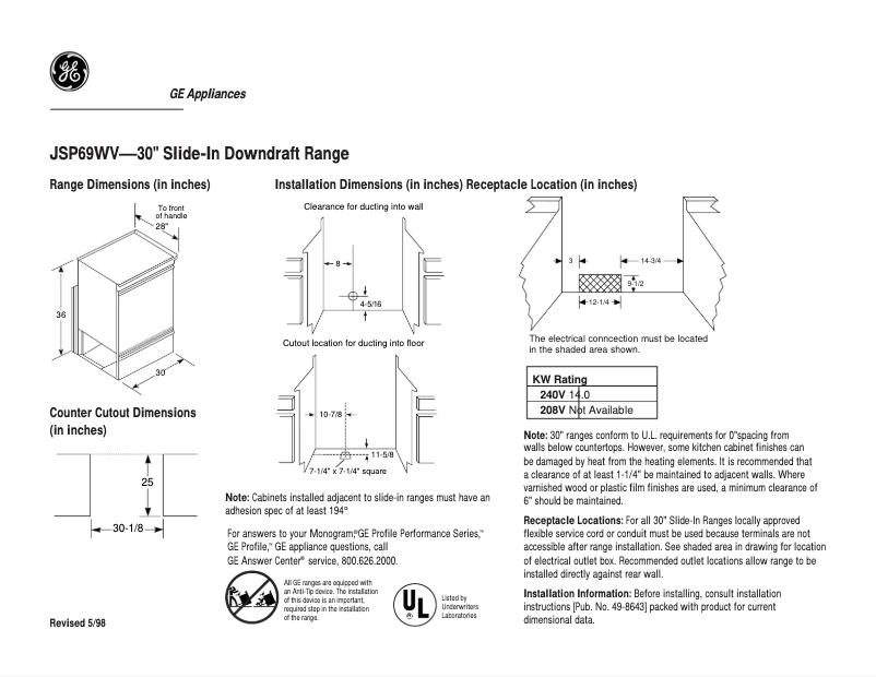 Page n°1 - Fiche technique GE JSP69WVWW