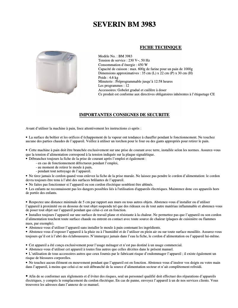 Page n°1 - Manuel utilisateur Severin BM 3983