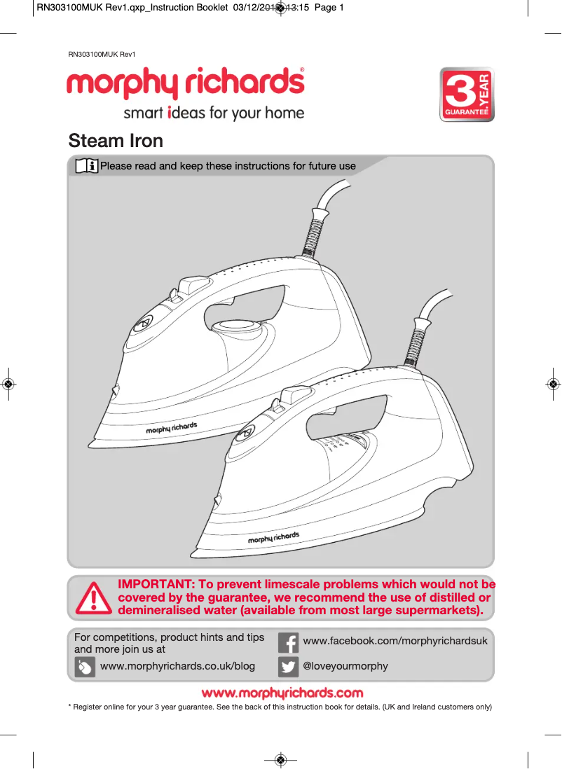 Page 1 de la notice Manuel utilisateur Morphy Richards TurboSteam Pro 303125
