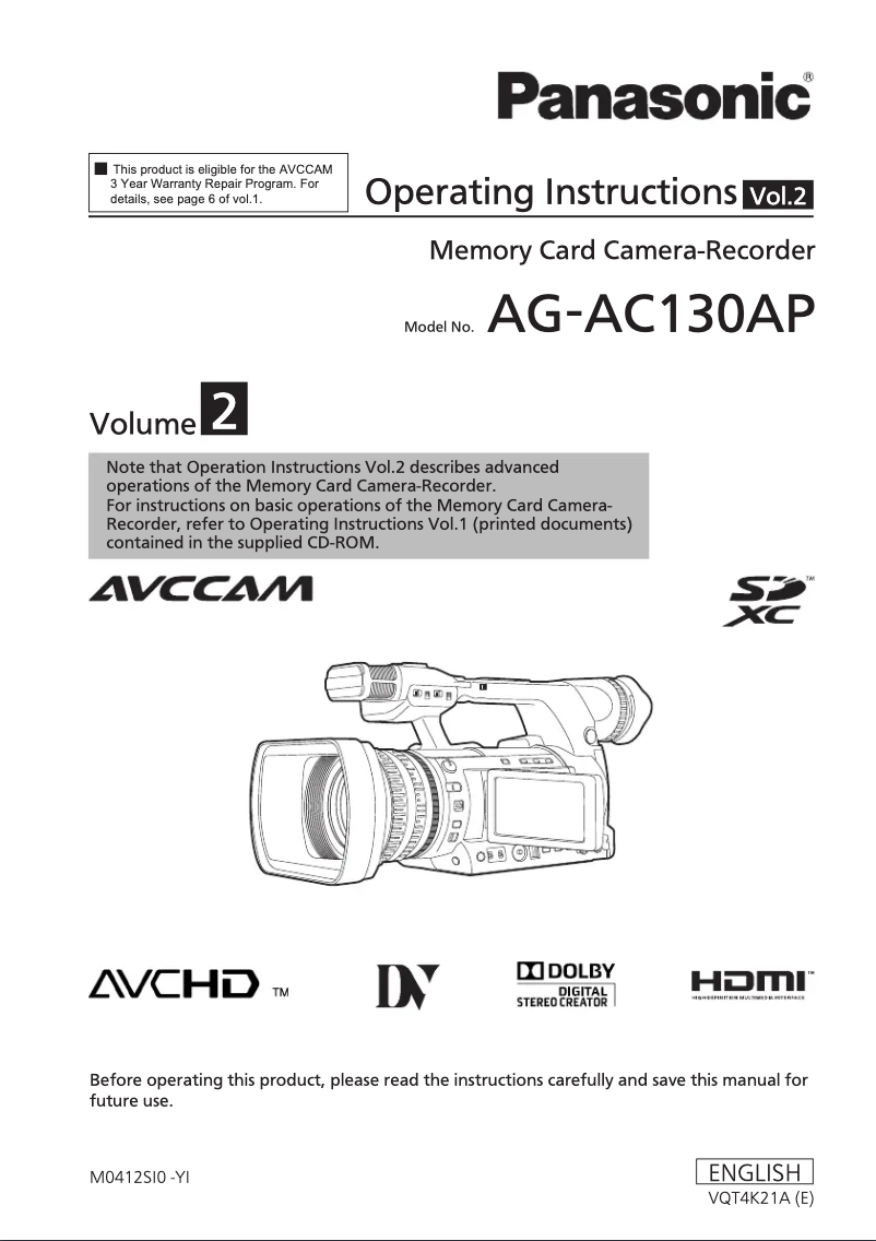 Image de la première page du manuel de l'appareil AG-AC130A