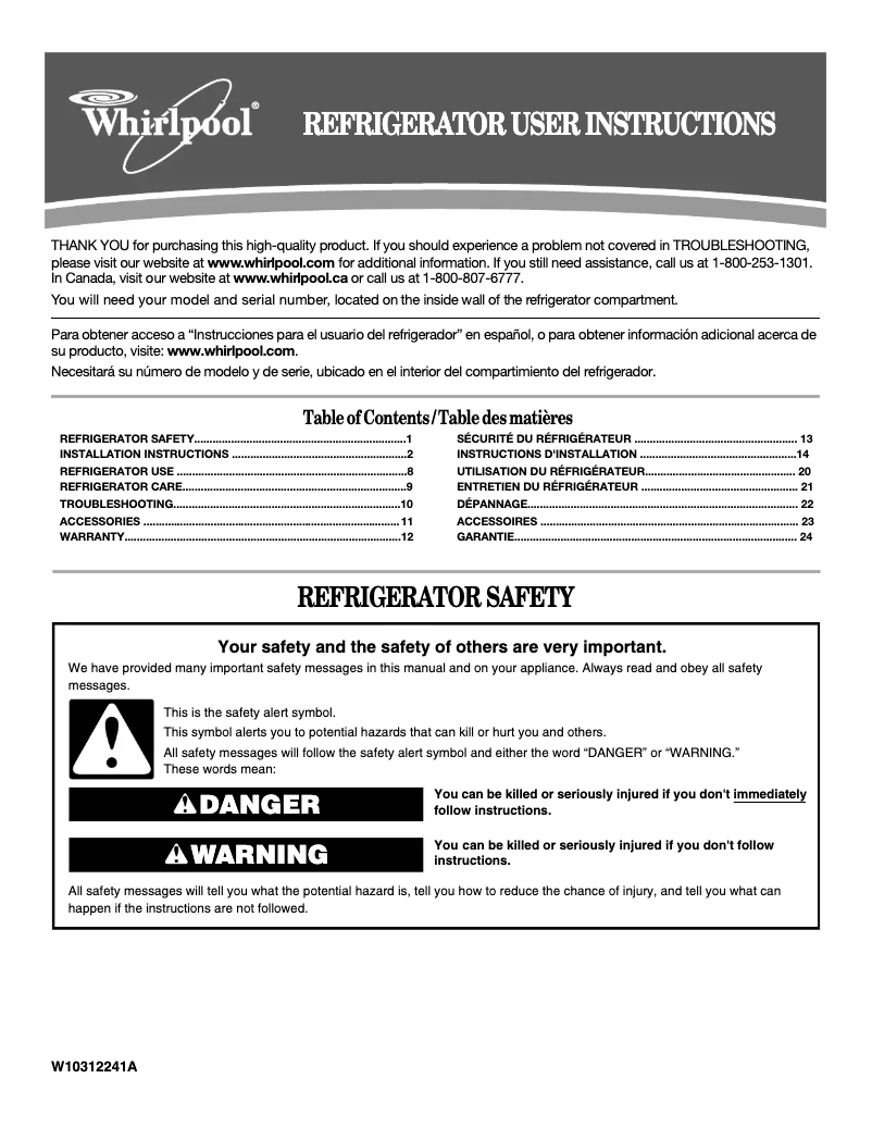 Page 1 de la notice Manuel utilisateur Whirlpool W1TXNMFWT
