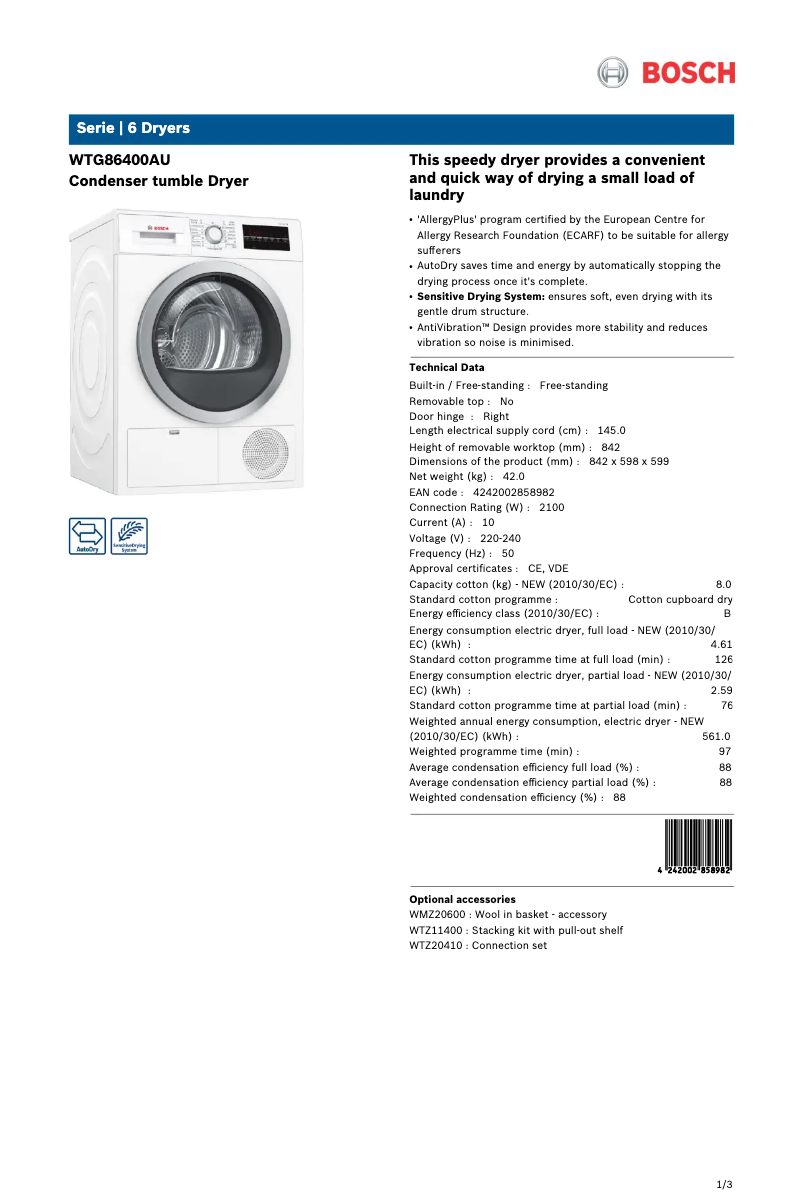 Image de la première page du manuel de l'appareil WTG86400AU