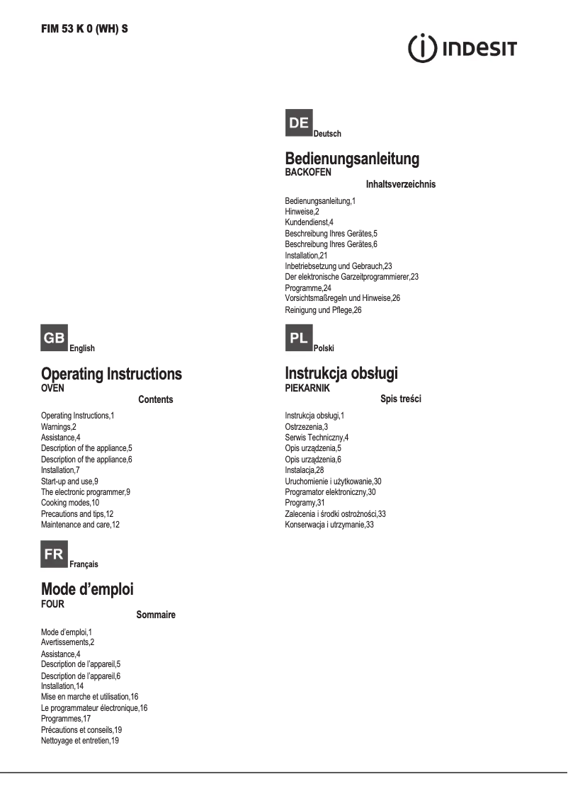 Page n°1 - Manuel utilisateur Indesit FIM 53 K 0 (WH) S