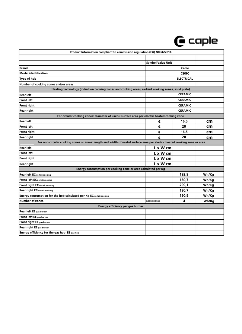 Page 1 de la notice Fiche technique Caple C809C