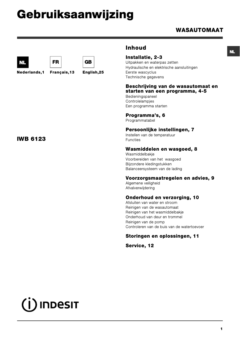 Page 1 de la notice Manuel utilisateur Indesit IWB 6123