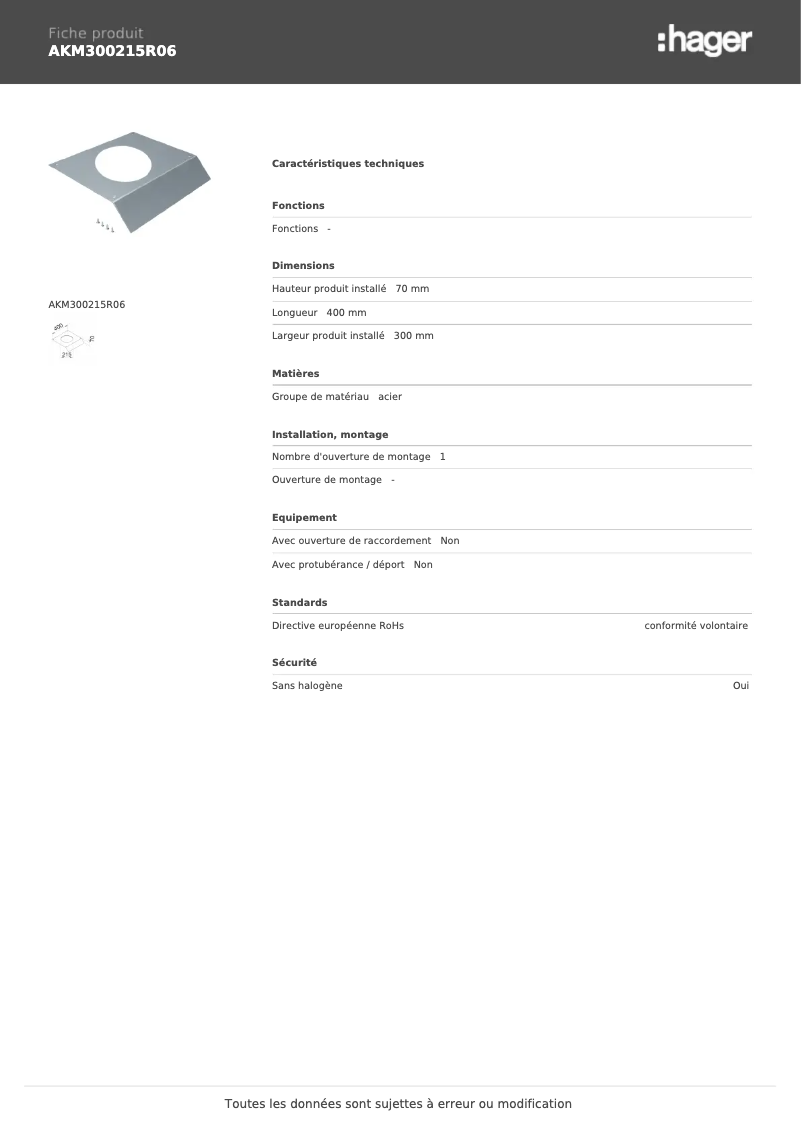 Page n°1 - Manuel utilisateur Hager AKM300215R06