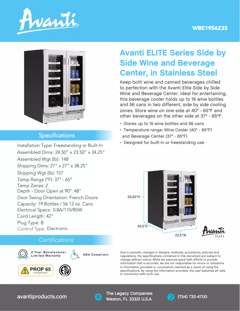 Page 1 de la notice Fiche technique Avanti WBE1956Z3S