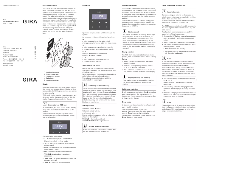 Page n°1 - Manuel utilisateur Gira 228226