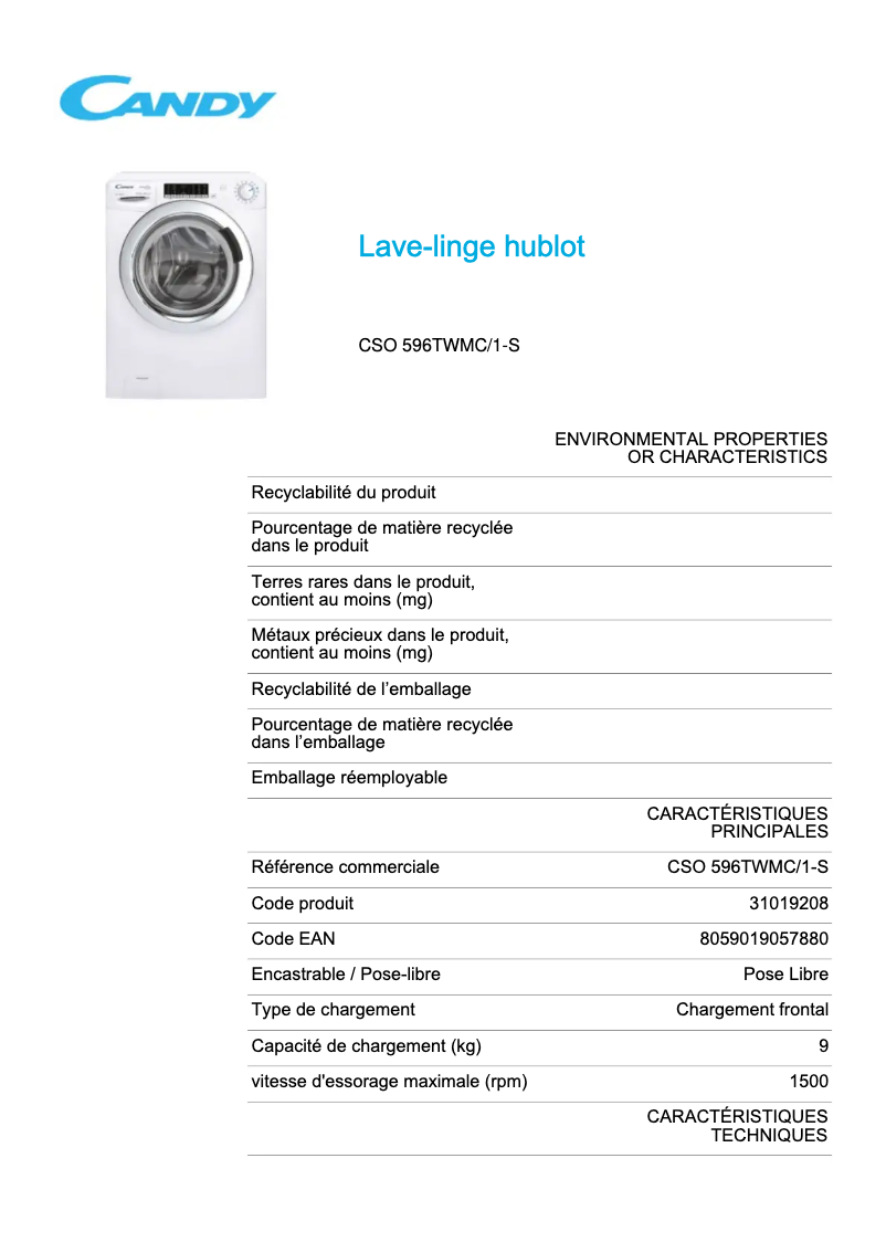 Page n°1 - Fiche technique Candy CSO 596TWMC/1-S