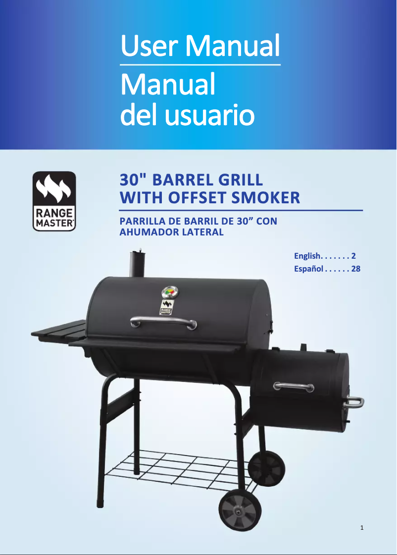 First page image of the manual for 30" Barrel Grill with Off-Set Smoker RMBA-3001X
